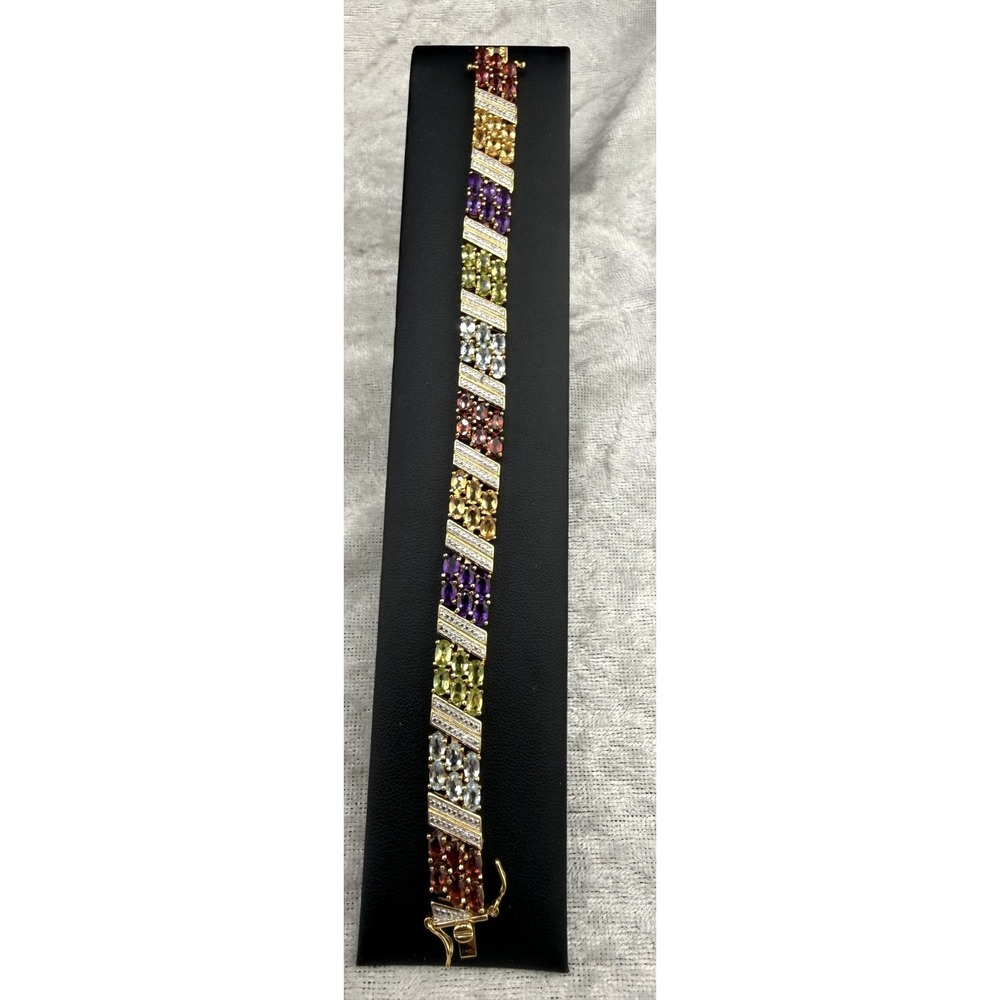 Rhinestone Bracelet Rainbow Purple Green Red 7" Signed‎ PAJ